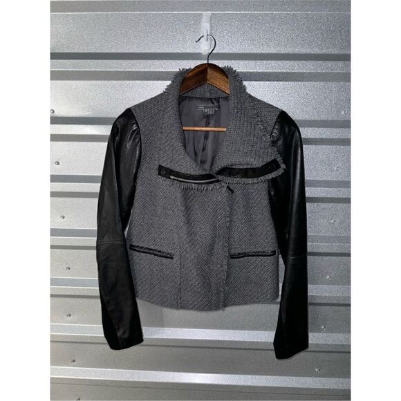 Vince Black & Gray Lambskin Leather Knit Racer Jacket Size XS - Picture 3 of 12